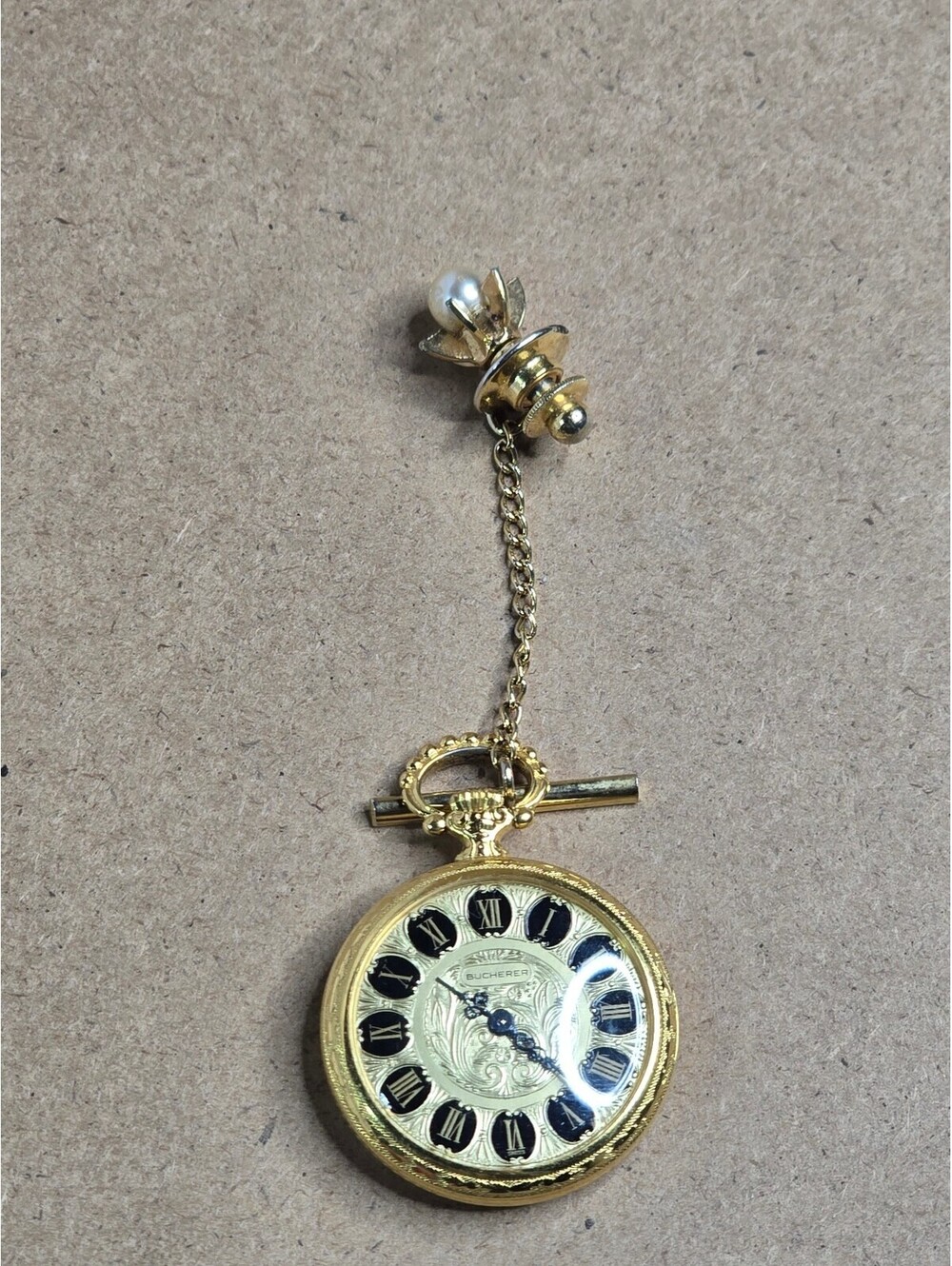 Vintage Bucherer 1" Pendant Watch Black Cartouche Pearl Accent - Excellent